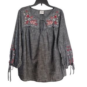Knox Rose Plus Size Embroidered Self Tie Keyhole Neckline Pullover Blouse